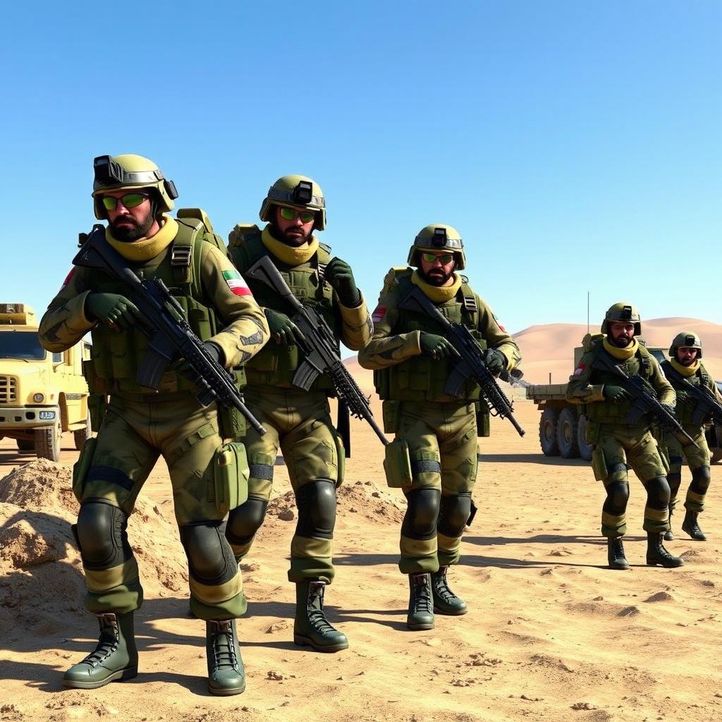 A group of HECU soldiers from the Half-Life video game, depicted in a realistic setting, dressed in Iranian army uniforms, complete with tactical gear and weapons