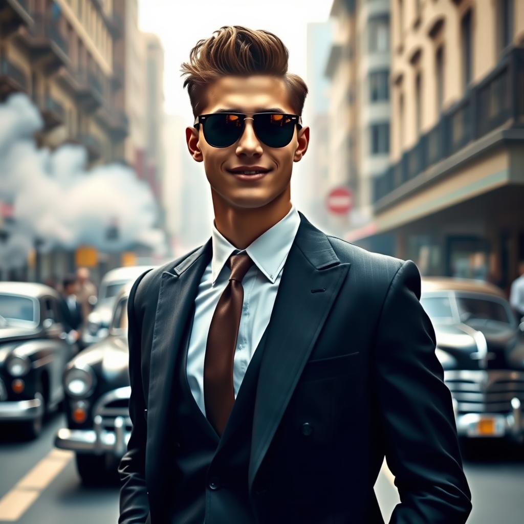 A stylish young male mafia student dressed in a sharp tailored suit, complete with a sleek tie, embodying a mix of youth and confidence