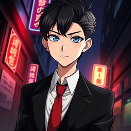 An anime-style illustration of a teenage male character who embodies a mafia aesthetic