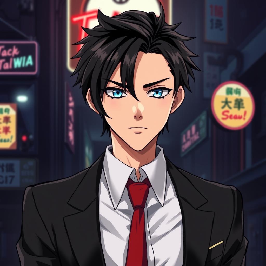 An anime-style illustration of a teenage male character who embodies a mafia aesthetic
