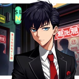 An anime-style illustration of a teenage male character who embodies a mafia aesthetic