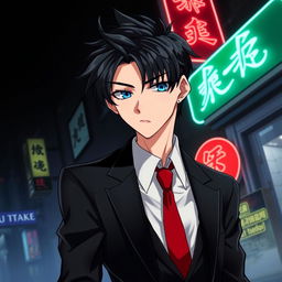 An anime-style illustration of a teenage male character who embodies a mafia aesthetic