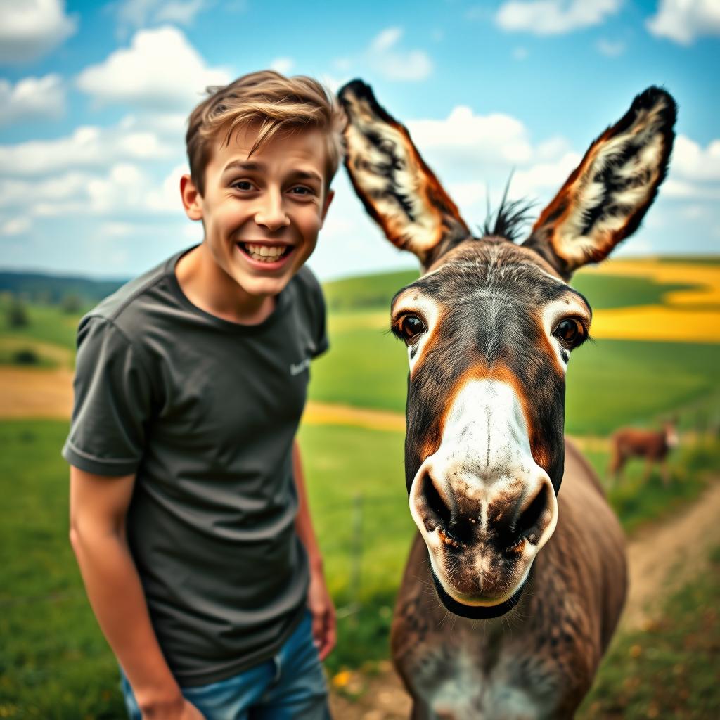 A surreal and absurd scene depicting a young man in a comical pose next to a donkey, emphasizing the humorous nature of the situation