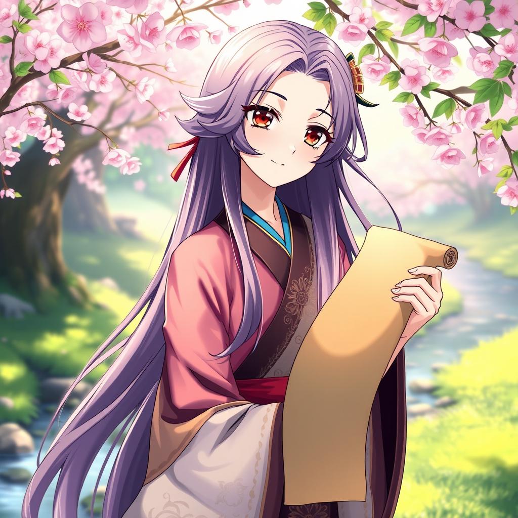 A beautiful anime guru character, with long flowing hair styled elegantly, wearing a traditional yet colorful outfit adorned with intricate patterns