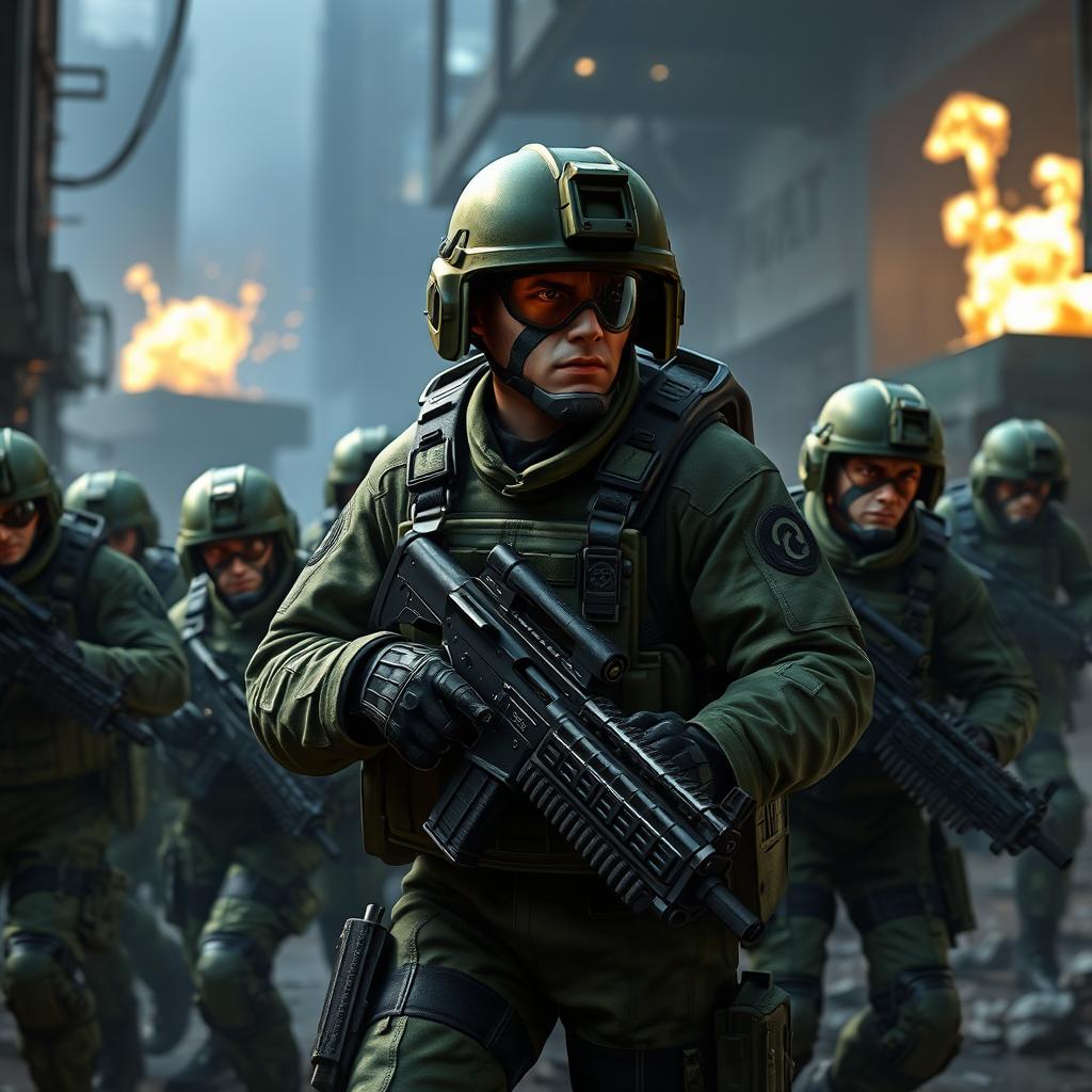 A group of HECU (Hazardous Environment Combat Unit) soldiers from the Half-Life video game series, dressed in their tactical military gear with distinctive green uniforms, helmets, and weapons