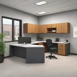 Interior view of a compact real estate office in a 7.5 foot wide and 20 foot deep space, featuring an L-shaped counter and essential office furniture