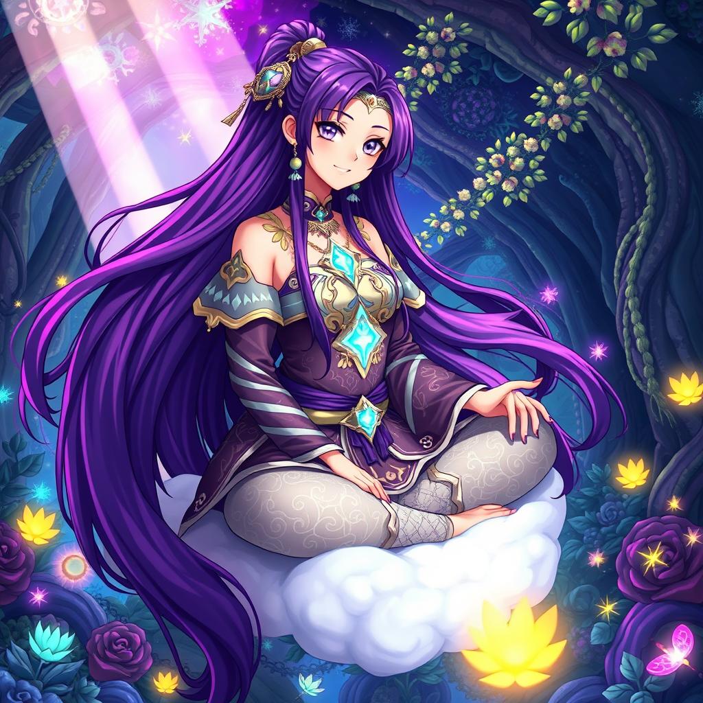 A hot anime guru character, female with long flowing purple hair, dressed in an elaborate mystical outfit adorned with intricate patterns and glowing symbols, sitting cross-legged on a floating cloud