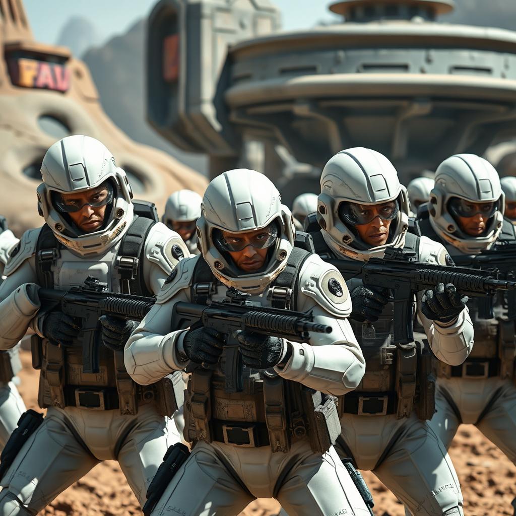 A thrilling scene of soldiers wearing futuristic white and gray starsuits, equipped with tactical black vests, engaging in a fierce battle against extraterrestrial aliens