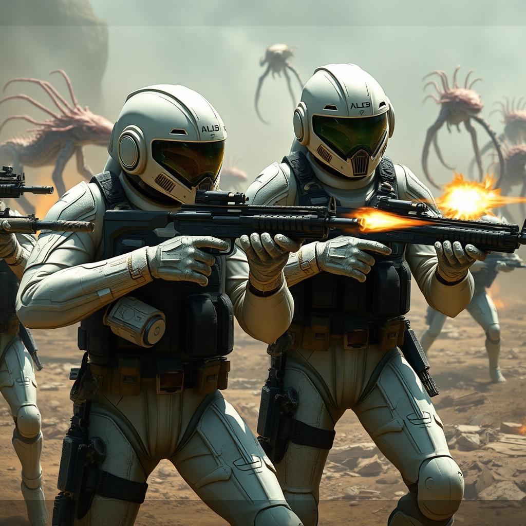 A dynamic battle scene depicting soldiers in advanced white and forest gray starsuits, with sleek black tactical vests, engaging in an intense firefight against extraterrestrial beings