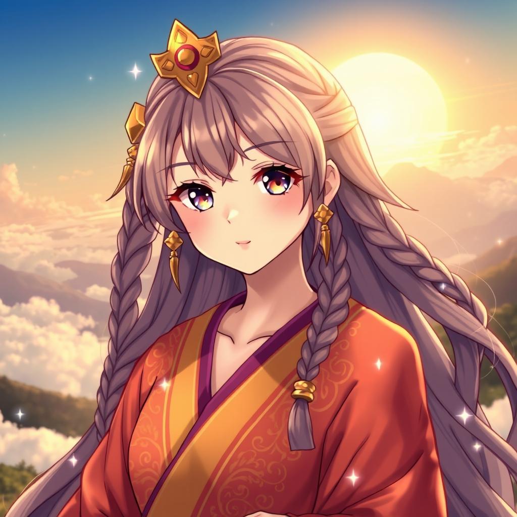 A beautiful anime-style female guru, featuring long flowing hair adorned with intricate braids and gold accessories