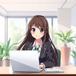A beautiful anime office girl, dressed in a stylish business outfit, sitting at a modern desk with a laptop open in front of her