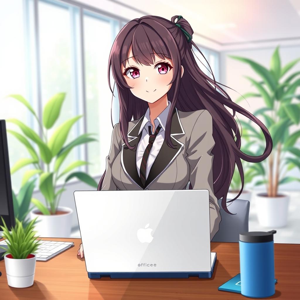 A beautiful anime office girl, dressed in a stylish business outfit, sitting at a modern desk with a laptop open in front of her