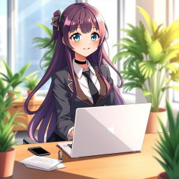 A beautiful anime office girl, dressed in a stylish business outfit, sitting at a modern desk with a laptop open in front of her