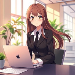 A beautiful anime office girl, dressed in a stylish business outfit, sitting at a modern desk with a laptop open in front of her