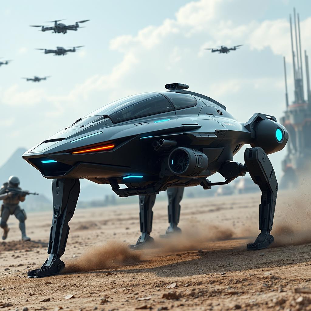 A sleek, futuristic military vehicle designed with advanced aerodynamics and cutting-edge technology
