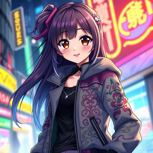 A beautiful anime girl wearing a stylish jacket, featuring vibrant colors and intricate design
