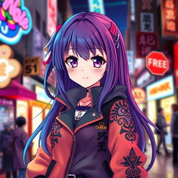 A beautiful anime girl wearing a stylish jacket, featuring vibrant colors and intricate design