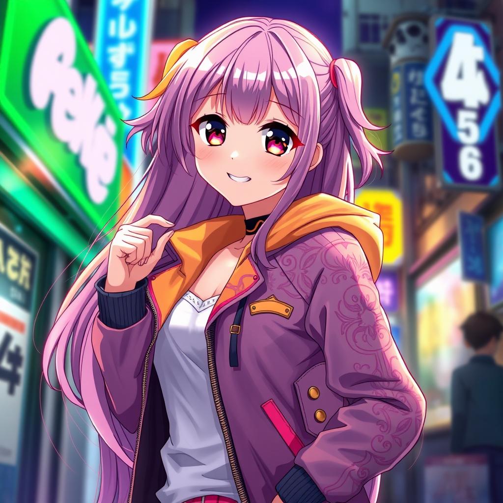 A beautiful anime girl wearing a stylish jacket, featuring vibrant colors and intricate design