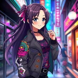 A beautiful anime girl wearing a stylish jacket, featuring vibrant colors and intricate design