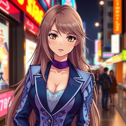 A beautiful girl dressed in a stylish anime suit, exuding confidence and elegance