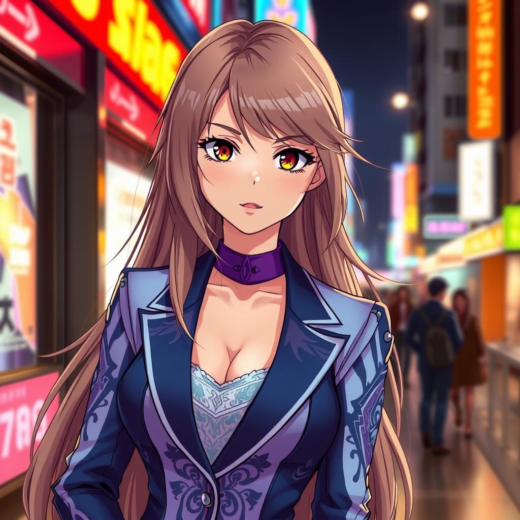 A beautiful girl dressed in a stylish anime suit, exuding confidence and elegance