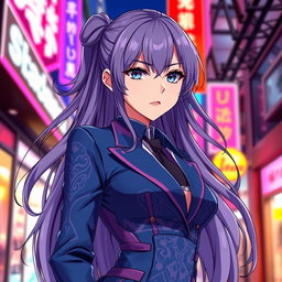 A beautiful girl dressed in a stylish anime suit, exuding confidence and elegance