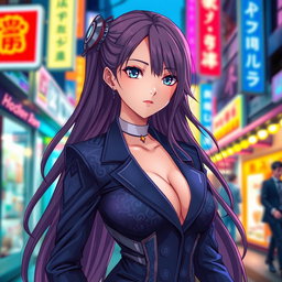 A beautiful girl dressed in a stylish anime suit, exuding confidence and elegance