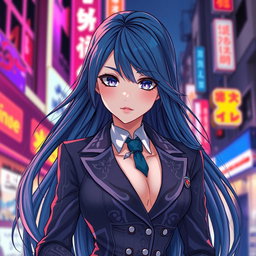 A beautiful girl dressed in a stylish anime suit, exuding confidence and elegance