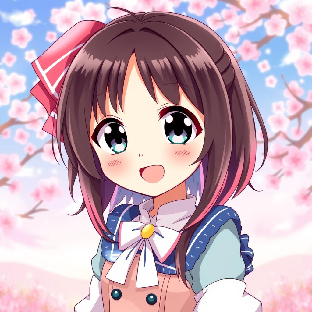 A beautiful anime girl with a bright smile, featuring large expressive eyes and colorful hair, dressed in a cute, fashionable outfit
