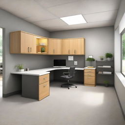 Interior view of a compact real estate office in a 7.5 foot wide and 20 foot deep space, featuring an L-shaped counter and essential office furniture