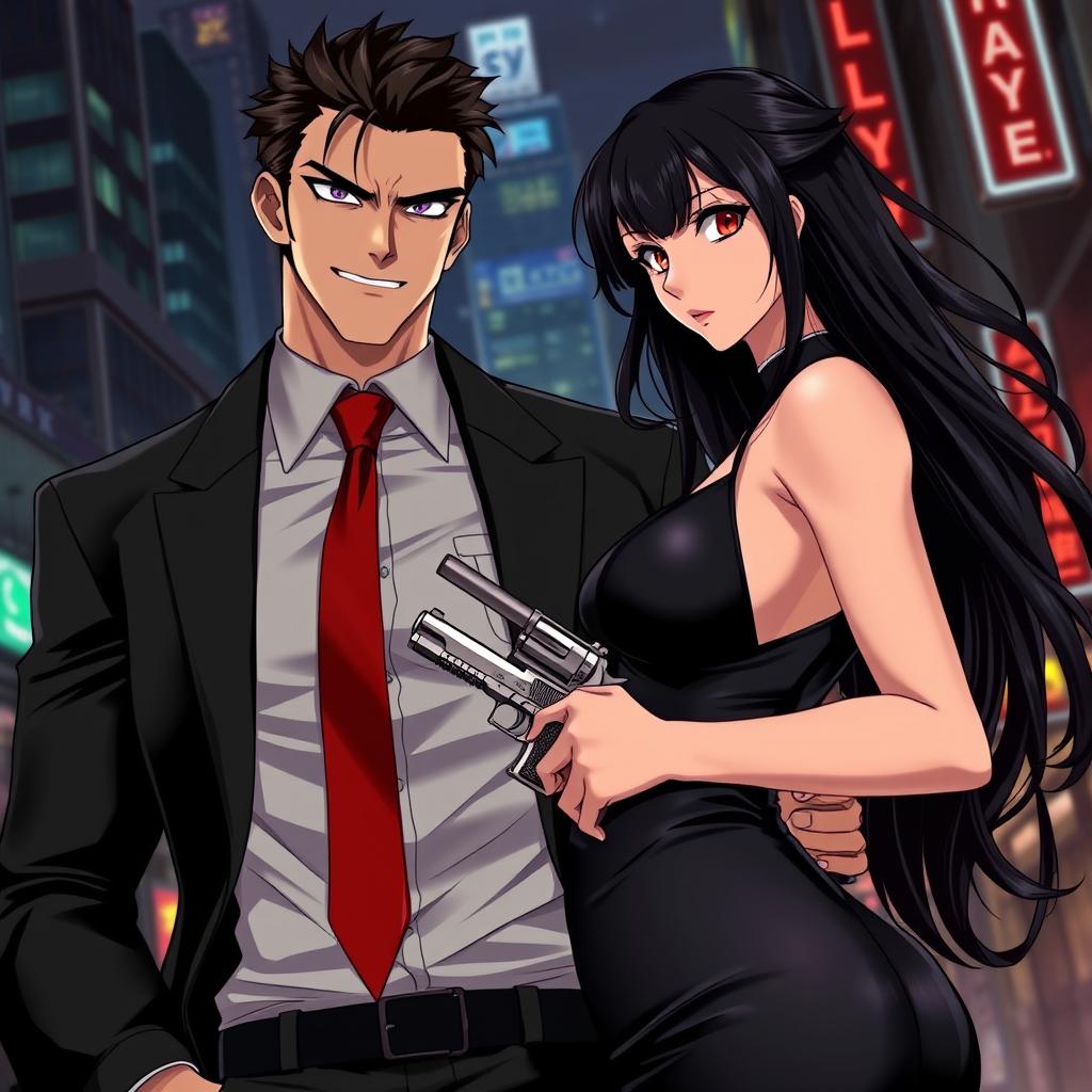 A dynamic duo in a stylish anime setting, embodying the essence of a mafia partnership