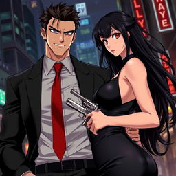 A dynamic duo in a stylish anime setting, embodying the essence of a mafia partnership