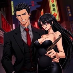 A dynamic duo in a stylish anime setting, embodying the essence of a mafia partnership