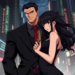 A dynamic duo in a stylish anime setting, embodying the essence of a mafia partnership