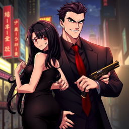 A dynamic duo in a stylish anime setting, embodying the essence of a mafia partnership