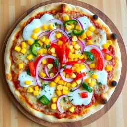 A vibrant pizza topped with a colorful array of sweet corn kernels, crunchy sliced onions, and diced capsicum, all beautifully arranged for visual appeal