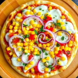 A vibrant pizza topped with a colorful array of sweet corn kernels, crunchy sliced onions, and diced capsicum, all beautifully arranged for visual appeal