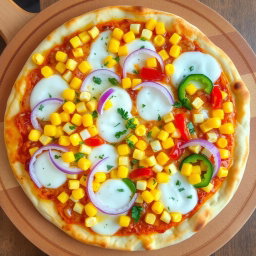 A vibrant pizza topped with a colorful array of sweet corn kernels, crunchy sliced onions, and diced capsicum, all beautifully arranged for visual appeal