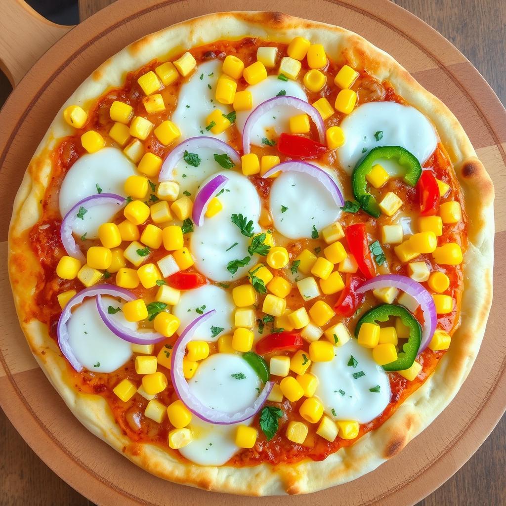 A vibrant pizza topped with a colorful array of sweet corn kernels, crunchy sliced onions, and diced capsicum, all beautifully arranged for visual appeal