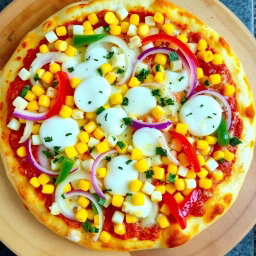 A vibrant pizza topped with a colorful array of sweet corn kernels, crunchy sliced onions, and diced capsicum, all beautifully arranged for visual appeal