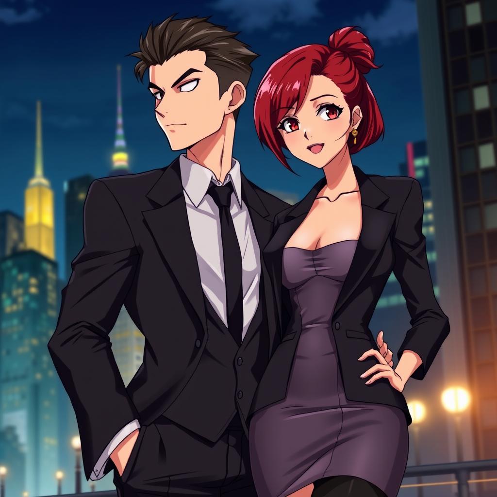 A dynamic anime scene featuring a young mafia couple, stylishly dressed in sleek, tailored outfits