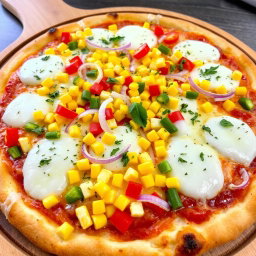 A delightful pizza topped with a vibrant mix of sweet corn, crunchy sliced onions, and colorful diced capsicum, creating a visually appealing array