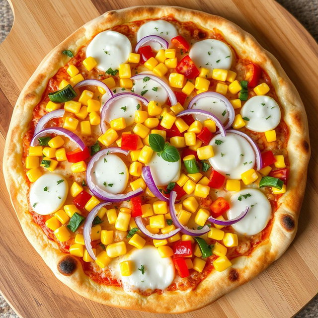 A delightful pizza topped with a vibrant mix of sweet corn, crunchy sliced onions, and colorful diced capsicum, creating a visually appealing array