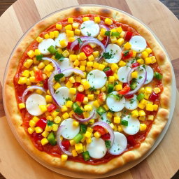 A delightful pizza topped with a vibrant mix of sweet corn, crunchy sliced onions, and colorful diced capsicum, creating a visually appealing array