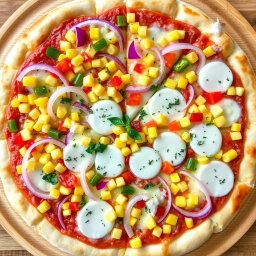 A delightful pizza topped with a vibrant mix of sweet corn, crunchy sliced onions, and colorful diced capsicum, creating a visually appealing array