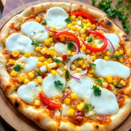 An appetizing pizza adorned with a bright mix of sweet corn, crunchy onions, and vibrant capsicum, showcasing a colorful palette of toppings