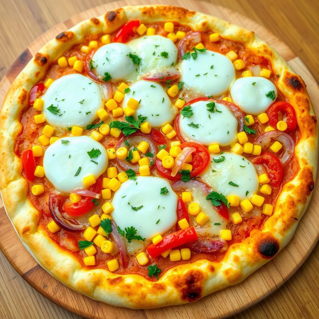 An appetizing pizza adorned with a bright mix of sweet corn, crunchy onions, and vibrant capsicum, showcasing a colorful palette of toppings