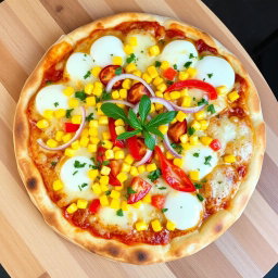 An appetizing pizza adorned with a bright mix of sweet corn, crunchy onions, and vibrant capsicum, showcasing a colorful palette of toppings
