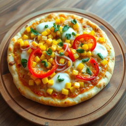 A delicious pizza featuring a mouthwatering topping of sweet corn, crunchy onions, and vibrant capsicum, all perfectly balanced on a base of melted mozzarella cheese