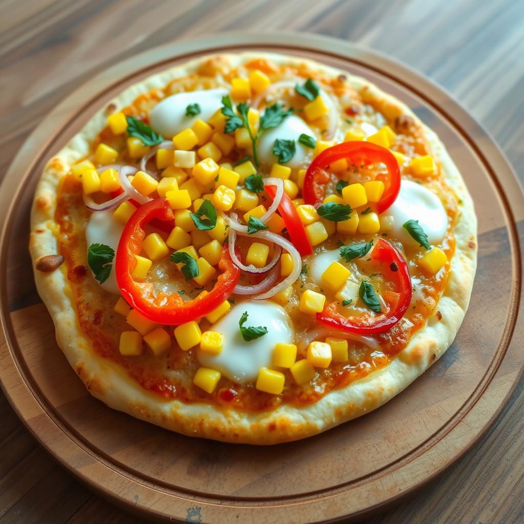 A delicious pizza featuring a mouthwatering topping of sweet corn, crunchy onions, and vibrant capsicum, all perfectly balanced on a base of melted mozzarella cheese